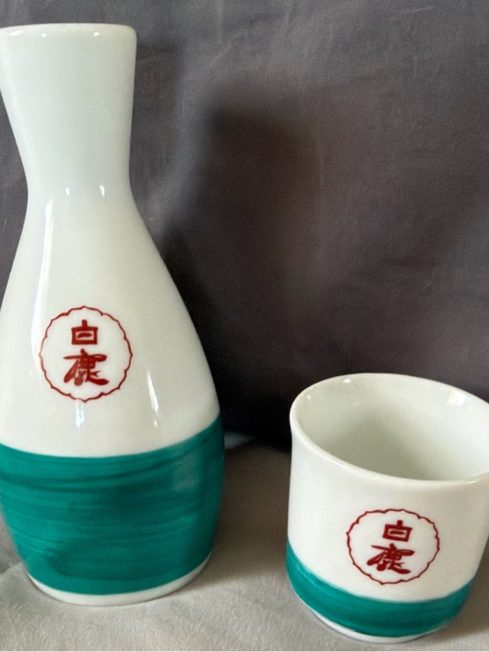 Vintage White Ceramic Sake Set with Black Sake bottle